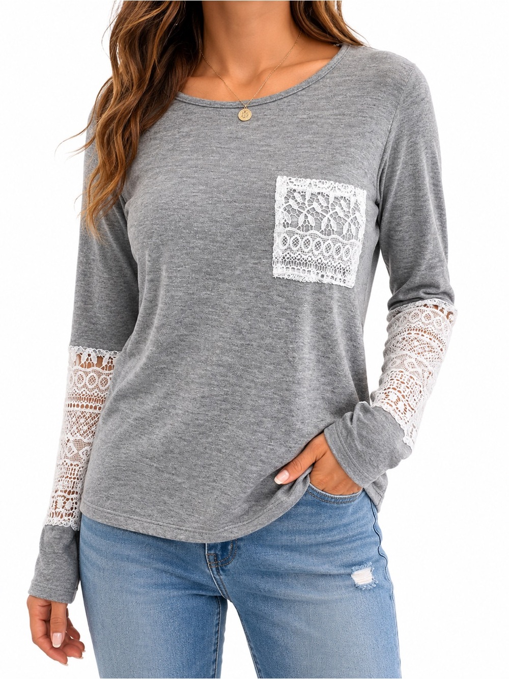 Style Rack Gray Long Sleeve Top with White Lace Pocket and Sleeve Panels